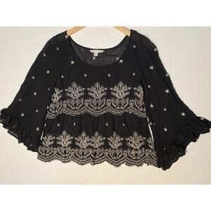 American Eagle Boho Black Size Small Embroider Design Tassel Bell Sleeve Top.